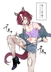 Rule 34 | 1girl, absurdres, animal ears, closed eyes, collar, collarbone, crop top, denim, denim shorts, eyepatch, fishnet pantyhose, fishnets, high heels, highres, horse ears, horse girl, jacket, long hair, navel, nayuta ggg, off shoulder, pantyhose, red hair, ripping, shorts, simple background, smile, solo, standing, tearing clothes, torn clothes, umamusume, very long hair, vodka (umamusume), white background