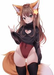 Rule 34 | 1girl, :o, animal ear fluff, animal ears, annytf, anyuu, black sweater, black thighhighs, blush, breasts, brown eyes, brown hair, brown leotard, cleavage cutout, clothes lift, clothing cutout, commentary request, covered navel, fox ears, fox girl, fox shadow puppet, fox tail, grey background, groin, hair between eyes, hair ornament, heart, heart-shaped pupils, heart cutout, highres, leotard, leotard under clothes, lifting own clothes, long hair, long sleeves, looking at viewer, original, parted lips, simple background, sleeves past fingers, sleeves past wrists, small breasts, solo, standing, star (symbol), star hair ornament, sweater, sweater lift, symbol-shaped pupils, tail, thighhighs, thighs, turtleneck, turtleneck sweater, very long hair, virtual youtuber