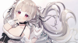 Rule 34 | 1girl, absurdres, alternate costume, azur lane, black choker, breasts, choker, cleavage, colored eyelashes, dress, formidable (azur lane), from side, gloves, grey hair, hair ribbon, hand on own chest, highres, jewelry, junineu, large breasts, long hair, looking at viewer, ornate ring, red eyes, ribbon, ring, see-through, see-through dress, simple background, solo, twintails, upper body, very long hair, wedding ring, white background, white dress, white gloves, white ribbon