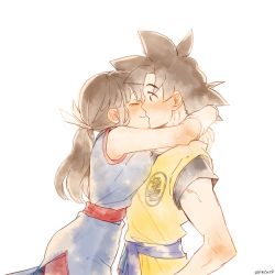 Rule 34 | 1boy, 1girl, arms around neck, black eyes, black hair, chi-chi (dragon ball), chinese clothes, dougi, dragon ball, closed eyes, fukuko fuku, hetero, hug, kiss, looking at another, ponytail, simple background, son goku, spiked hair, twitter username, white background, wristband