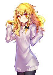 Rule 34 | 1girl, absurdres, alternate costume, bare shoulders, black bow, black pantyhose, blush, bow, braid, casual, closed mouth, cowboy shot, dress, hair bow, hands up, highres, hinasumire, kirisame marisa, long hair, long sleeves, looking at viewer, pantyhose, pink sweater, sketch, sleeves past wrists, smile, solo, standing, sweater, sweater dress, touhou