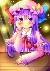 Rule 34 | 1girl, blush, capelet, chocolat (momoiro piano), crescent, hair ribbon, hand on another&#039;s face, hand on own cheek, hand on own face, hat, long hair, long sleeves, looking at viewer, mob cap, open mouth, patchouli knowledge, purple eyes, purple hair, red ribbon, ribbon, solo, touhou, tress ribbon, very long hair