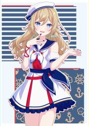 Rule 34 | 1girl, alternate costume, alternate hairstyle, barbara (genshin impact), blonde hair, blue eyes, blue nails, blush, dress, genshin impact, hat, long hair, neckerchief, open mouth, pochimaru (marumaru wanwan), simple background, smile, solo, white dress, white hat, white neckerchief