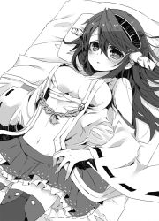 Rule 34 | 1girl, blush, breasts, commentary request, cowboy shot, greyscale, hair between eyes, hairband, haruna (kancolle), kantai collection, long hair, looking at viewer, lying, medium breasts, miniskirt, monochrome, navel, on back, on bed, open clothes, open mouth, open shirt, pleated skirt, ribbon-trimmed sleeves, ribbon trim, skirt, solo, thighhighs, uru uzuki, wide sleeves, zettai ryouiki