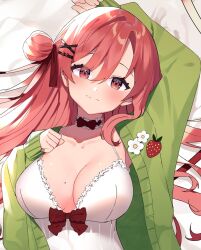 Rule 34 | 1girl, babydoll, bow, breasts, cardigan, choker, cleavage, clenched hand, commentary, commission, english commentary, flower, green cardigan, hair ornament, hairclip, hand on own chest, head tilt, heart, heart hair ornament, highres, indie virtual youtuber, long hair, looking at viewer, lying, medium breasts, mole, mole on breast, nini yuuna, on back, red bow, red choker, red eyes, red hair, sawtowne, smile, solo, virtual youtuber, white babydoll, white flower