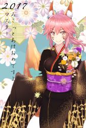 Rule 34 | 1girl, 2017, animal ears, bad id, bad pixiv id, facial mark, fate/grand order, fate (series), floral background, floral print, fox ears, fox tail, high ponytail, highres, japanese clothes, kimono, long sleeves, oinari (koheihei1109), pink eyes, pink hair, smile, solo, tail, tamamo (fate), tamamo no mae (fate/extra), translation request, whisker markings, wide sleeves