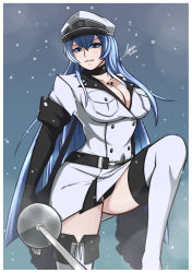 Rule 34 | 10s, 1girl, absurdres, airisubaka, akame ga kill!, artist name, belt, black panties, blue eyes, blue hair, boots, border, breasts, choker, cleavage, dress, elbow gloves, esdeath, gloves, hair between eyes, hat, highres, knee up, large breasts, long hair, looking at viewer, matching hair/eyes, military, military hat, military uniform, panties, pantyshot, parted lips, peaked cap, rapier, short dress, smile, solo, sword, tattoo, thigh boots, thighhighs, underwear, uniform, very long hair, weapon, white border, white thighhighs, zettai ryouiki