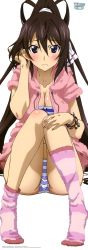 Rule 34 | 10s, 1girl, absurdres, black eyes, blush, breasts, brown hair, cleavage, feet, frown, hashimoto takayoshi, highres, infinite stratos, long hair, long image, no shoes, non-web source, official art, panties, ponytail, shinonono houki, socks, solo, stick poster, striped clothes, striped panties, tall image, underwear, very long hair