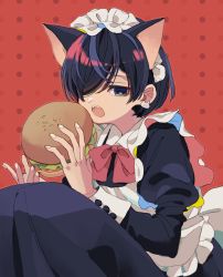 Rule 34 | 1girl, animal ears, apron, black dress, blue hair, blue pupils, bright pupils, burger, cat earrings, cat ears, dress, earrings, extra ears, fang, fingernails, food, hair over one eye, holding, holding food, jewelry, juliet sleeves, ka (marukogedago), long dress, long sleeves, looking at viewer, maid, maid apron, maid headdress, multicolored hair, one eye covered, open mouth, original, puffy sleeves, red background, sitting, solo, streaked hair, white apron