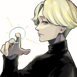 Rule 34 | 1boy, black sweater, blonde hair, blue eyes, choujin x, closed mouth, cropped torso, from side, grey eyes, highres, ichiiro sato (choujin x), looking at viewer, pointing, pointing at viewer, serious, short hair, simple background, solo, sweater, upper body, white background, yuma kahara