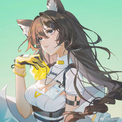Rule 34 | 1girl, animal ear fluff, animal ears, aqua background, breasts, brown hair, character name, cleavage, cleavage cutout, clothing cutout, commentary request, cube, girls&#039; frontline, girls&#039; frontline neural cloud, gloves, grey eyes, hair ornament, highres, holding, holding cube, id card, jewelry, long hair, medium breasts, mingyin akn, necklace, shirt, short sleeves, simple background, smile, solo, turing (neural cloud), upper body, weibo watermark, white shirt, yellow gloves