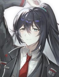 Rule 34 | 1boy, aqua eyes, arm up, black coat, black eyes, black hair, bonno sasu, closed mouth, coat, collared shirt, heterochromia, high ponytail, highres, hong lu (project moon), limbus company, long hair, long sleeves, looking at viewer, project moon, shirt, simple background, smile, solo, very long hair, white background, white shirt