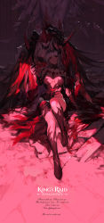 Rule 34 | 2girls, absurdres, black horns, blood, blood splatter, blood stain, breasts, breasts apart, broken, clawed gauntlets, collarbone, english text, feathered wings, gauntlets, hair between eyes, hand grab, highres, horned mask, horns, king&#039;s raid, leaning on person, long hair, mask, multiple girls, neckwear request, on ground, red theme, sitting, statue, swd3e2, tears, torn clothes, white hair, wings