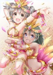 Rule 34 | 10s, 2girls, :d, akagi miria, anklet, arabian clothes, arms up, black hair, blush, breasts, circlet, dancer, dark skin, dark-skinned female, gem, harem outfit, highres, hug, hug from behind, idolmaster, idolmaster cinderella girls, jewelry, looking at viewer, matching outfits, midriff, multiple girls, natalia (idolmaster), navel, open mouth, outstretched arms, purple eyes, regular mow, short hair, small breasts, smile, thighlet, twintails, two side up