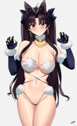Rule 34 | 1girl, absurdres, adapted costume, animal ears, bare shoulders, black gloves, black hair, blush, breasts, cleavage, clenched teeth, cosplay, earrings, elbow gloves, fate/grand order, fate (series), fur-trimmed gloves, fur collar, fur trim, gloves, gold panties, hair ribbon, highleg, highleg panties, highres, hoop earrings, ishtar (fate), jewelry, kurozawa yui, large breasts, long hair, looking at viewer, mash kyrielight, mash kyrielight (dangerous beast), mash kyrielight (dangerous beast) (cosplay), navel, neck ring, o-ring, panties, parted bangs, red eyes, revealing clothes, ribbon, solo, teeth, thighs, two side up, underwear, wolf ears