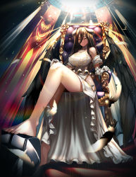 Rule 34 | 1girl, albedo (overlord), black hair, breasts, btraphen, demon girl, dress, full body, gloves, highres, horns, large breasts, legs, long hair, looking at viewer, looking down, orange eyes, overlord (maruyama), sitting, solo, demon girl, throne, white dress, white gloves, wings