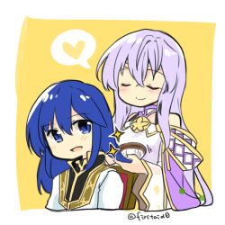 Rule 34 | 1boy, 1girl, blue eyes, blue hair, brother and sister, brushing hair, cape, chibi, circlet, closed eyes, fire emblem, fire emblem: genealogy of the holy war, holding, holding brush, holding hair, jewelry, julia (fire emblem), long hair, nintendo, purple hair, seliph (fire emblem), siblings, simple background, yukia (firstaid0)
