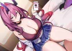 1girl absurdres arknights ascalon_(arknights) bare_shoulders black_choker blush breasts cellphone_photo choker cleavage collarbone dishui_tangni dress hair_between_eyes hair_intakes hand_up highres holding holding_phone horns indoors large_breasts looking_at_viewer on_bed open_clothes phone pillow pleated_skirt purple_dress purple_eyes purple_hair shirt sitting skirt solo text_messaging thighs white_shirt