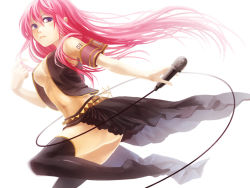 Rule 34 | 1girl, blue eyes, breasts, long hair, megurine luka, microphone, navel, open clothes, open shirt, pink hair, see-through, shiramori yuse, shirt, simple background, skirt, solo, standing, standing on one leg, thighhighs, thighs, very long hair, vocaloid, zettai ryouiki