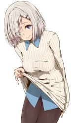 Rule 34 | 10s, 1girl, alternate costume, blue eyes, blush, breasts, clothes lift, haine, hair ornament, hair over one eye, hairclip, hamakaze (kancolle), highres, kantai collection, looking at viewer, pantyhose, short hair, silver hair, smile, solo, sweater, sweater lift