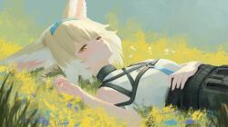 Rule 34 | 1girl, absurdres, animal ear fluff, animal ears, arknights, bare shoulders, belt, belt pouch, black belt, blonde hair, blue background, blue flower, blue hairband, blue necktie, braided hair rings, breasts, closed mouth, commentary, curled fingers, expressionless, flower, fox ears, fox girl, grass, green eyes, hair up, hairband, half-closed eyes, hand on own stomach, hands up, highres, kitsune, light blush, looking at viewer, looking to the side, lying, necktie, on back, pouch, shirt, small breasts, solo, suzuran (arknights), upper body, white shirt, yan kodiac