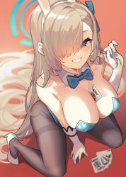 Rule 34 | 1girl, animal ears, aqua leotard, asuna (blue archive), asuna (bunny) (blue archive), bare shoulders, between breasts, black pantyhose, blue archive, blurry, blush, bow, bowtie, breasts, collarbone, commentary request, covered erect nipples, curled fingers, detached collar, eyelashes, fake animal ears, forehead, from above, gloves, hair over one eye, halo, high heels, highres, king (playing card), king of clubs, kneeling, large breasts, leotard, long bangs, long hair, looking at viewer, no bra, nuo nuomi ci, official alternate costume, pantyhose, playboy bunny, shadow, smile, solo, spread legs, strapless, strapless leotard, teeth, very long hair, white footwear, white gloves, ||/