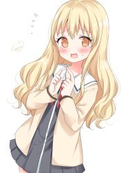 Rule 34 | 1girl, @ @, aho girl, artist name, black dress, blonde hair, blush, brown jacket, cowboy shot, dress, eyelashes, flustered, flying sweatdrops, furrowed brow, highres, index fingers together, jacket, long hair, long sleeves, looking at viewer, open mouth, own hands together, pleated dress, red ribbon, ribbon, short dress, signature, simple background, solo, sugutsuka rerun, sumino sayaka, sweatdrop, tearing up, tongue, wavy hair, white background, yellow eyes