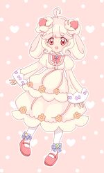 Rule 34 | 1girl, absurdres, ahoge, alcremie, alcremie (strawberry sweet), alcremie (vanilla cream), artist name, blonde hair, blue bow, blush, bow, bowtie, buttons, child, clover, creatures (company), dress, female focus, flat chest, food-themed hair ornament, footwear bow, four-leaf clover, full body, game freak, gen 8 pokemon, hair ornament, hair rings, happy, heart, heart background, heart button, highres, humanization, juliet sleeves, long sleeves, looking at viewer, medium hair, meru (mer milky77), nintendo, open mouth, outline, pantyhose, pink background, pokemon, polka dot, polka dot background, puffy sleeves, red bow, red bowtie, red eyes, red footwear, shoes, sidelocks, signature, sleeves past wrists, smile, solo, split mouth, standing, star (symbol), straight-on, strawberry hair ornament, striped, striped bow, white outline, white pantyhose, yellow dress