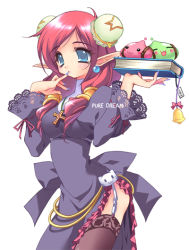 Rule 34 | 1girl, bell, blue eyes, blue nails, blush, book, bow, bun cover, cathead, cross, double bun, earrings, emily (pure dream), finger to mouth, hair bun, jewelry, latin cross, nail polish, necklace, pointy ears, poring, priest, priest (ragnarok online), ragnarok online, red hair, simple background, solo, star (symbol), thighhighs