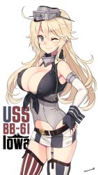 Rule 34 | 10s, 1girl, bad id, bad pixiv id, bare shoulders, belt, blonde hair, blue eyes, blush, breasts, character name, cleavage, covered erect nipples, english text, fingerless gloves, gloves, hair between eyes, headgear, highres, iowa (kancolle), kantai collection, kuro chairo no neko, large breasts, long hair, miniskirt, one eye closed, signature, simple background, skirt, smile, solo, symbol-shaped pupils, thighhighs, white background, wrist cuffs