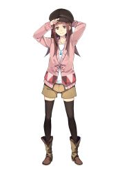 Rule 34 | 10s, 1girl, adjusting clothes, adjusting headwear, black thighhighs, blush, boots, brown eyes, brown hair, ebisugawa kaisei, full body, hao (patinnko), hat, highres, jewelry, long hair, necklace, pendant, shorts, simple background, solo, sweater, thighhighs, transparent background, uchouten kazoku, white background