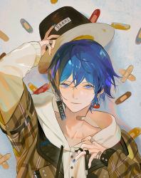 Rule 34 | 1boy, absurdres, bandaid, bandaid on hand, blue eyes, blue hair, earrings, hand up, hat, highres, jacket, jewelry, kaito (vocaloid), long sleeves, male focus, nail polish, parai0, project sekai, smile, solo, vocaloid