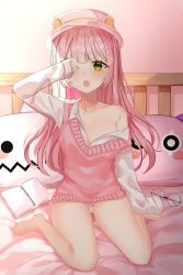 Rule 34 | 1girl, absurdres, armpits, bed, blush, breasts, cleavage, fang, food print, highres, long hair, looking at viewer, no pants, notebook, off-shoulder shirt, off shoulder, one eye closed, open mouth, original, panties, pucohiiiii, rubbing eyes, shirt, sitting, sleepy, solo, strawberry print, sweater vest, thighs, underwear, waking up, wariza