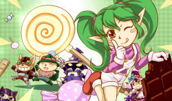Rule 34 | 2girls, 4boys, ;p, ^ ^, alternate costume, animal ears, bittersweet lulu, blue eyes, blush, candy, chocolate, chocolate bar, cupcake, closed eyes, food, gloves, goggles, goggles on head, green hair, grin, hat, helmet, heterochromia, kennen, league of legends, lollipop, lollipoppy, long hair, lulu (league of legends), multiple boys, multiple girls, nam (valckiry), one eye closed, orange eyes, pink eyes, pointy ears, poppy (league of legends), saliva, shorts, smile, teemo, tongue, tongue out, twintails, veigar, wink, yellow eyes, ziggs