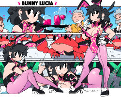 Rule 34 | 1girl, 3boys, animal ears, backless leotard, black eyes, black footwear, black hair, black nails, bow, bowtie, breasts, brown hair, cleavage, crab, detached collar, drink, earrings, facial hair, fake animal ears, fake tail, gloves, grey hair, heart, highres, jewelry, leotard, looking at viewer, lucia (scott malin), medium breasts, medium hair, multiple boys, multiple views, mustache, original, pantyhose, pink bow, pink bowtie, pink leotard, playboy bunny, print bow, print bowtie, print leotard, purple pantyhose, rabbit earrings, rabbit ears, rabbit tail, scott malin, shoes, short hair, smile, strapless, strapless leotard, tail, tray, white gloves, wrist cuffs