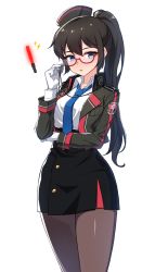 Rule 34 | 1girl, ajin (soulworker), bad id, bad pixiv id, black hair, black hat, black jacket, black pantyhose, blue eyes, blush, breast pocket, breasts, collared shirt, cowboy shot, emblem, glasses, gloves, hat, highres, holding, holding whistle, jacket, long hair, long sleeves, looking at viewer, medium breasts, mini hat, narynn, necktie, nose blush, open clothes, open jacket, pantyhose, pocket, ponytail, red-framed eyewear, semi-rimless eyewear, shirt, simple background, sleeve cuffs, solo, soulworker, standing, tsurime, under-rim eyewear, whistle, white background, white gloves, white shirt, wing collar