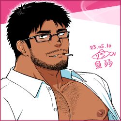 Rule 34 | 1boy, bara, bare pectorals, beard stubble, chest hair, collared shirt, dark-skinned male, dark skin, dated, facial hair, glasses, large pectorals, male focus, mature male, muscular, muscular male, mustache stubble, nipples, open clothes, open shirt, original, pectorals, shirt, short hair, sideburns, smirk, solo, sparse chest hair, stubble, upper body, yowaifish
