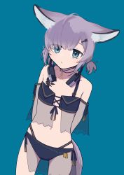 Rule 34 | 1girl, absurdres, ahoge, animal ear fluff, animal ears, arknights, arms behind back, bare shoulders, bikini, black bikini, blue eyes, blurry, blurry background, breasts, closed mouth, commentary, cowboy shot, def aki, expressionless, fox ears, fox girl, fox tail, hair ornament, hair over one eye, hairclip, headphones, headphones around neck, highres, looking at viewer, material growth, navel, official alternate costume, oripathy lesion (arknights), see-through, short hair, simple background, small breasts, solo, standing, sussurro (arknights), sussurro (summer flower) (arknights), swimsuit, tail