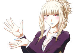 Rule 34 | 1girl, aoki hagane no arpeggio, blonde hair, blue lips, blue nails, blunt bangs, bra, braid, breasts, business suit, cleavage, formal, hair up, hands up, jacket, kaname aomame, kongou (aoki hagane no arpeggio), lipstick, long hair, looking at viewer, makeup, nail polish, open clothes, open shirt, red eyes, smile, solo, suit, underwear, upper body