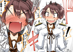 Rule 34 | 1girl, :d, blush, brown eyes, brown hair, clothes on shoulders, embarrassed, hair ribbon, kantai collection, long hair, looking at viewer, military, military uniform, naval uniform, open mouth, ponytail, ribbon, shikinami (kancolle), sketch, smile, solo, sweat, takana shinno, translation request, uniform