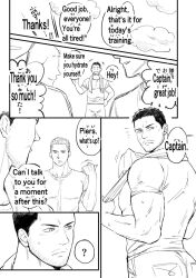 Rule 34 | 2boys, ?, bara, chris redfield, closed mouth, comic, english text, facial hair, greyscale, highres, large pectorals, male focus, monochrome, multiple boys, muscular, muscular male, pants, pectorals, piers nivans, resident evil, resident evil 6, shirt, short hair, smile, towel, towel around neck, you mama n