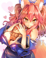 Rule 34 | 1girl, animal ear fluff, animal ears, bare shoulders, between breasts, blue ribbon, breasts, cleavage, closed mouth, commentary, commentary request, detached sleeves, fate/extella, fate/extra, fate (series), fox ears, fox girl, fox tail, hair ribbon, heart, highres, japanese clothes, kishinami hakuno (male), large breasts, long hair, looking at viewer, pink hair, ribbon, simple background, solo, stuffed toy, tail, tamamo (fate), tamamo no mae (fate/extra), tsukumihara academy uniform (fate/extra), twintails, white background, wisespeak, yellow eyes