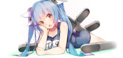 Rule 34 | 10s, 1girl, ass, bare shoulders, blue hair, breasts, hair ribbon, hand on own cheek, hand on own face, head rest, i-19 (kancolle), kantai collection, large breasts, long hair, looking at viewer, lying, meth (emethmeth), name tag, on stomach, one-piece swimsuit, open mouth, red eyes, ribbon, school swimsuit, solo, swimsuit, teeth, torpedo, twintails