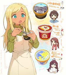 Rule 34 | 4girls, :o, absurdres, ahoge, blonde hair, brown hair, commentary request, cropped torso, cup, dark-skinned female, dark skin, dress, green sweater, highres, holding, holding cup, holding spoon, ice cream cup, ichinose shiki, idolmaster, idolmaster cinderella girls, layla (idolmaster), long hair, long sleeves, looking at food, mifune miyu, multiple girls, nendo23, oikawa shizuku, pinafore dress, ponytail, ribbed sweater, short hair, sidelocks, sleeveless, sleeveless dress, spoon, straight hair, sweater, translation request, very long hair, white dress