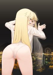 Rule 34 | 1girl, absurdres, against glass, against window, bang dream!, bare legs, bare shoulders, bent over, blonde hair, blush, city lights, cityscape, come hither, commission, cowboy shot, from behind, half-closed eyes, highres, indoors, irochan, leaning forward, legs apart, long hair, long sleeves, looking at viewer, night, off shoulder, open mouth, panties, pixiv commission, pussy, reflection, shirt, sidelocks, smile, solo, standing, thighs, tsurumaki kokoro, underwear, white panties, white shirt, window, yellow eyes