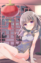 Rule 34 | 1girl, bare arms, bare shoulders, black ribbon, blue dress, blurry, blurry foreground, blush, breasts, china dress, chinese clothes, closed mouth, commentary request, depth of field, dress, grey hair, hair ribbon, highres, indoors, kuriyuzu kuryuu, long hair, looking at viewer, medium breasts, no shoes, original, purple eyes, ribbon, round window, see-through, sleeveless, sleeveless dress, smile, solo, thighhighs, white thighhighs, window