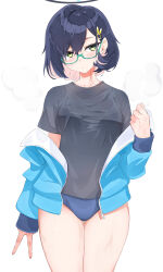 Rule 34 | 1girl, absurdres, alternate costume, black halo, black shirt, blue archive, blue buruma, blue hair, blue jacket, blush, bra visible through clothes, brown hair, buruma, chihiro (blue archive), clenched hand, closed mouth, collarbone, colored inner hair, commentary request, cowboy shot, glasses, green-framed eyewear, green eyes, gym shirt, hair ornament, halo, hand up, highres, isocha, jacket, long sleeves, looking at viewer, mechanical halo, multicolored hair, off shoulder, open clothes, open jacket, parted bangs, partial commentary, puffy long sleeves, puffy sleeves, rabbit hair ornament, shirt, short hair, short sleeves, simple background, solo, sweat, thick thighs, thigh gap, thighs, v, wet, wet clothes, wet shirt, white background