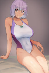 Rule 34 | 1girl, breasts, competition swimsuit, covered navel, cowboy shot, gradient background, gridman universe, highres, large breasts, light purple hair, looking at viewer, multicolored clothes, multicolored swimsuit, one-piece swimsuit, red eyes, shinjou akane, short hair, sitting, solo, ssss.gridman, swimsuit, white one-piece swimsuit, yoo tenchi