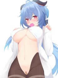 Rule 34 | 1girl, ahoge, bandaid, black pantyhose, blue hair, blush, breasts, breasts apart, condom, condom in mouth, crotch, dress shirt, ganyu (genshin impact), genshin impact, groin, hand on own chest, horns, kurobe 18, large breasts, long hair, looking at viewer, mouth hold, naked shirt, navel, nose blush, paid reward available, pantyhose, purple eyes, shirt, solo, standing, sweat, thighlet, thighs, underboob, white background