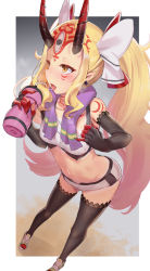 Rule 34 | 1girl, bare shoulders, black gloves, black thighhighs, blonde hair, blush, bottle, breasts, commentary request, crop top, drinking straw, earrings, elbow gloves, facial mark, fang, fate (series), forehead mark, full body, gloves, hair ornament, halterneck, hand up, highres, holding, holding bottle, horns, ibaraki douji (fate), ibaraki douji (fate/grand order), ibaraki douji (swimsuit lancer) (fate), ibaraki douji (swimsuit lancer) (third ascension) (fate), jewelry, kakumayu, leaning forward, long hair, looking to the side, medium breasts, midriff, navel, oni, oni horns, open mouth, outside border, pointy ears, saliva, saliva trail, short shorts, shorts, solo, standing, stomach, sweat, tattoo, thighhighs, toeless footwear, tongue, tongue out, twintails, very long hair, white footwear, white shorts, yellow eyes